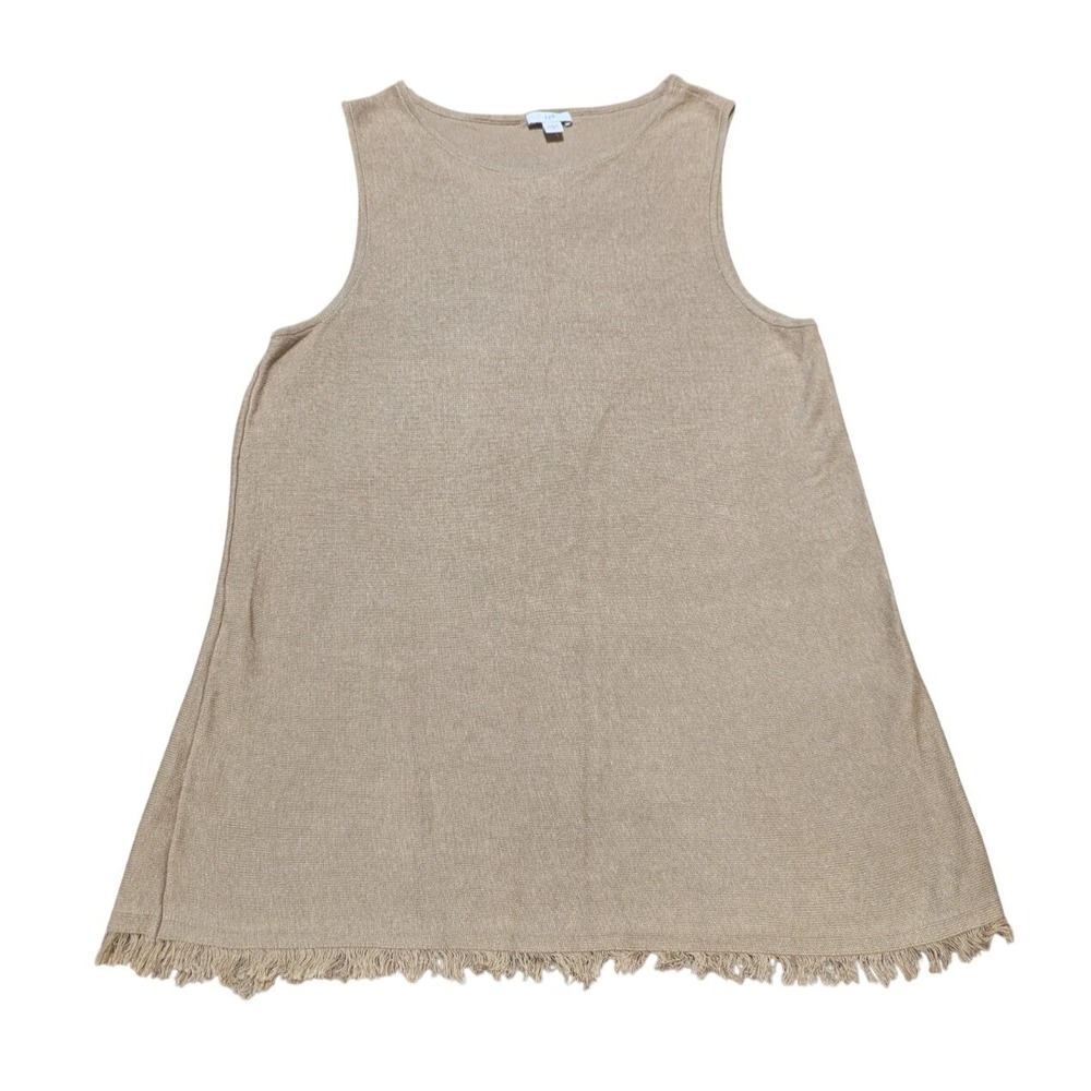 J Jill Sweater Sz M Tan Linen Blend Tank Top Fringe Hem Quiet Luxury Beach Boho